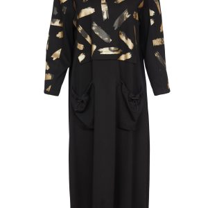 Ora Print Dress With Contrast Skirt Panel-BLACK/GOLD