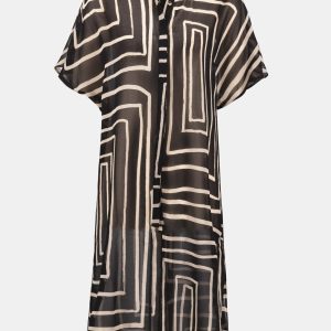 Joseph Ribkoff Chiffon Geometric Print Blouse-BLACK/BEIGE