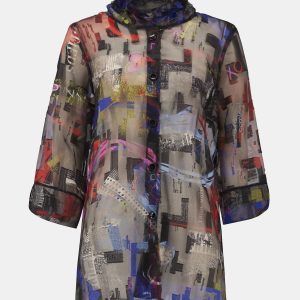 Joseph Ribkoff Burnout Organza Word Print Long Blouse-BLACK MULTI