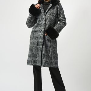 Joseph Ribkoff Jacquard Coat With Faux Fur Trim-BLACK/GREY