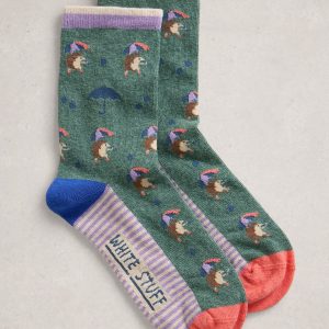 White Stuff Novelty Hedgehog Stripe Ankle Socks-TEAL
