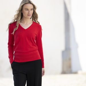 Marble Diamonte Detail V Neck Jumper-RED
