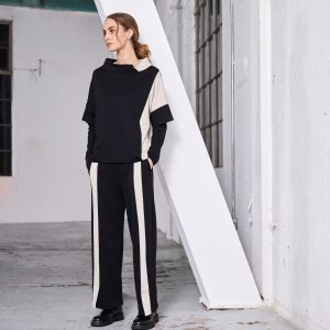 Naya Wide Leg Trouser With Contrast Panel-BLACK/BEIGE