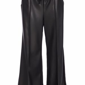 Ora Wide Leg Leatherette Trouser With Raw Seams-BLACK