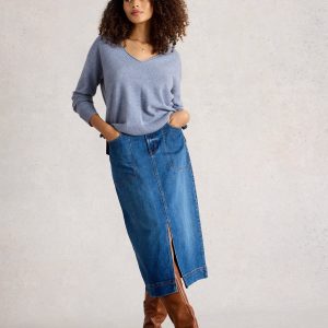 White Stuff V Neck Cashmere Jumper-MID BLUE