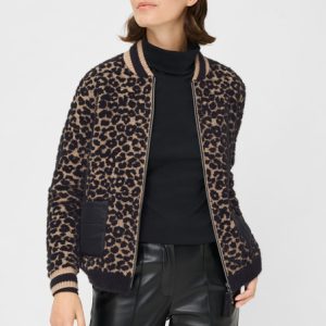 Olsen Animal Print Zip Cardigan-BLACK/CAMEL