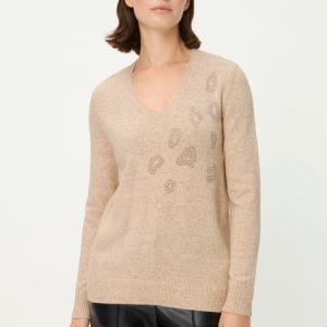 Olsen V Neck Animal Spot Jumper-BISCUIT