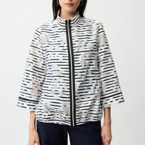 Joseph Ribkoff Jacquard Organza Stripe Bomber Jacket-NAVY/WHITE