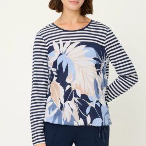 Olsen Floral And Stripe Tie Hem T-Shirt-INK BLUE