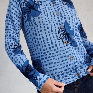 White Stuff Lulu Crew Neck Print Cardigan-BLUE MULTI