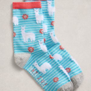 White Stuff Fluffy Llama Print Ankle Sock-BLUE MULTI