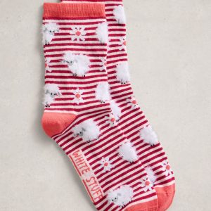 White Stuff Fluffy Sheep Stripe Ankle Sock-RED
