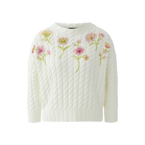 Oui Cable Knit Jumper With Applique Flowers-BEIGE