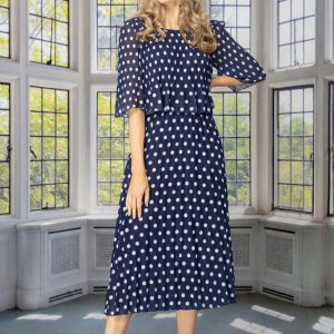 Glitz Spotty Pleated Dress-NAVY