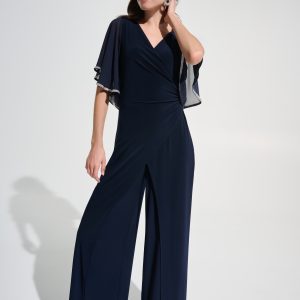 Joseph Ribkoff 'Signature' Wrap Wide Leg Jumpsuit With Rhinestone Trim-NAVY