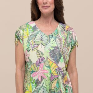 Bianca Julie V Neck Tropical Print Top-GREEN MULTI
