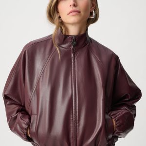 Joseph Ribkoff Leatherette Mock-Neck Bomber Jacket-BURGUNDY