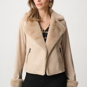 Joseph Ribkoff Foiled Faux Suede Jacket With Faux Fur Collar-BEIGE