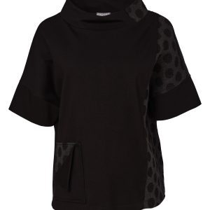 Naya High Neck Top With Jacquard Spot Panels & Pocket-BLACK/GREY