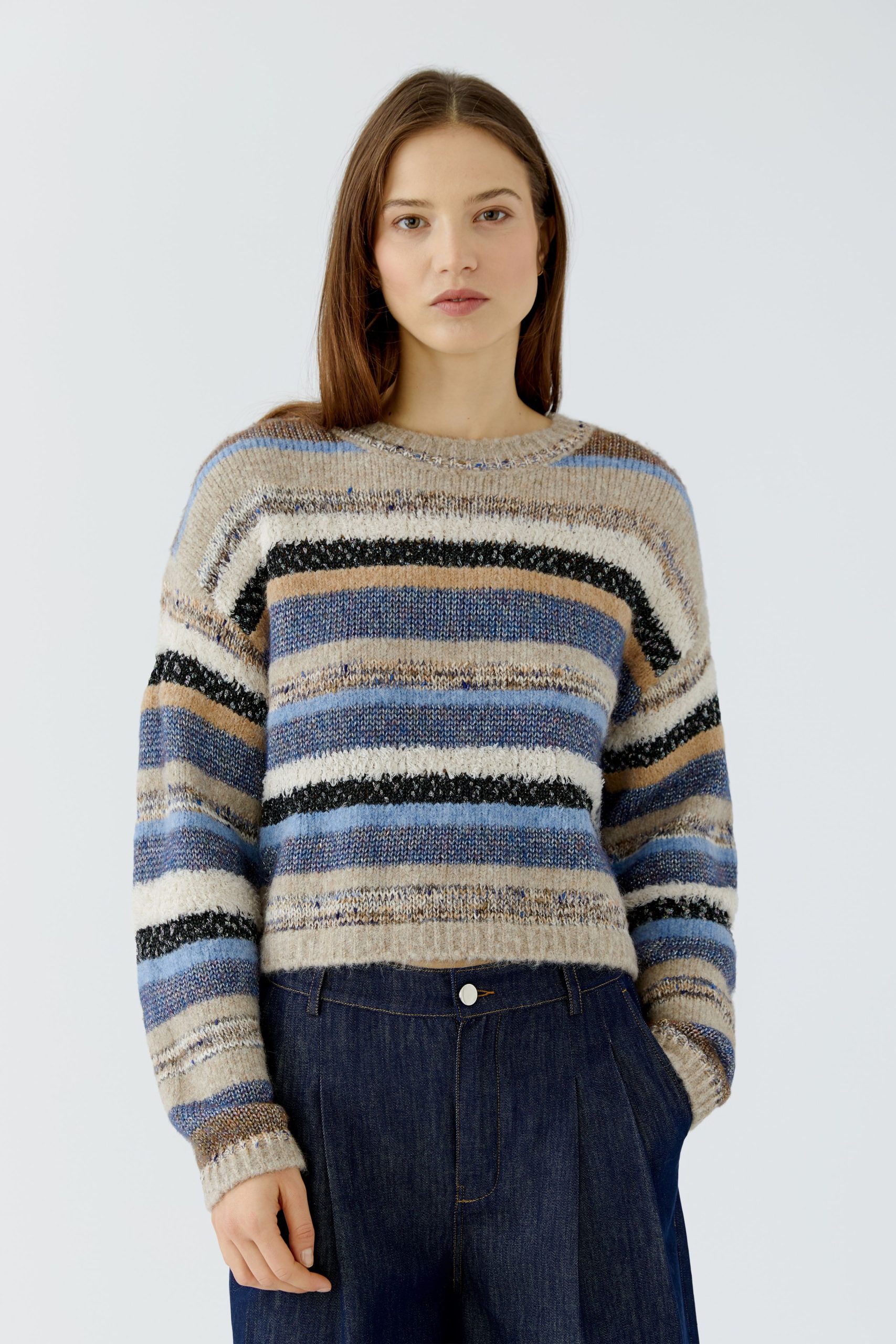 Oui Stripe Jumper-BLUE/BROWN