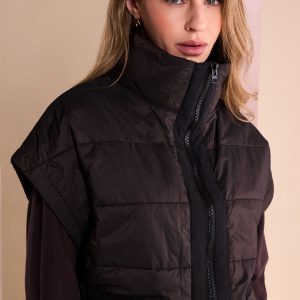 Naya Padded Short Waistcoat With Contrast Zip & Pocket-CHOCOLATE