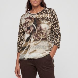 Olsen Animal Print Tie Hem T-Shirt-COFFEE