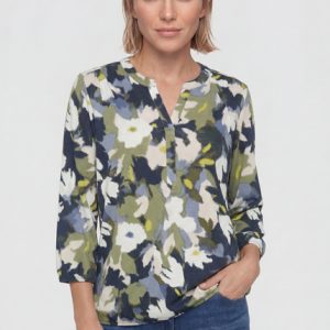 Olsen Floral Print 3/4 Sleeve Elastic Hem T-Shirt-MOSS