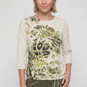 Olsen Print Tie Hem T-Shirt With 3/4 Sleeves-MOSS