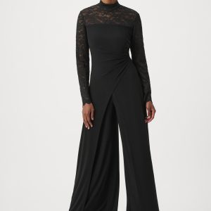 Joseph Ribkoff Sheer Lace Sleeve Wide Leg Jumpsuit-BLACK