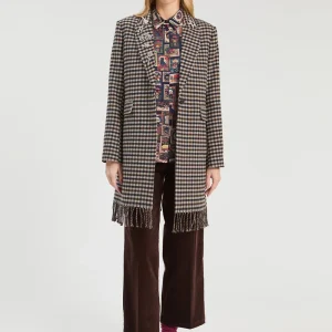 Vilagallo Check Coat With Fringes-BROWN