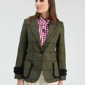Vilagallo Check Jacket with Velvet Trims-GREEN