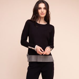 Alison Sheri Jumper With Stripe Hem And Bows-BLACK/BEIGE