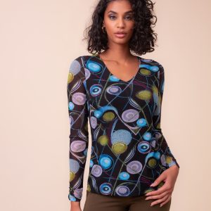 Alison Sheri V Neck Space Printed Mesh Top-BLACK MULTI