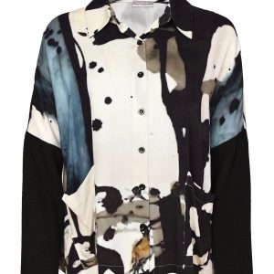 Naya Print Button Through Shirt With Contrast Sleeves-BLACK/STONE