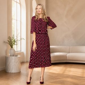 Glitz Polka Dot Pleated Dress-MERLOT