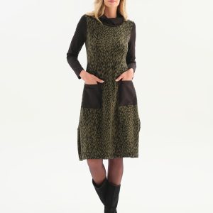 Dolcezza Wild Side Print Cowl Neck Knit Dress-BLACK/GREEN