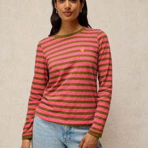 White Stuff Clara Stripe Embroidered Tee-PINK MULTI